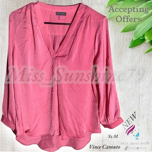 Vince Camuto NEW - Sz M - pop over blouse - silky feel and flow - bright pink - Picture 1 of 5